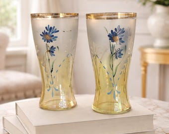 Regency Style Vintage Vase Set – Hand Painted Floral Glass Vases with Gold Rim – Romantic Cottagecore Decor – English Country Home Accent