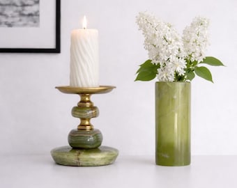 Marble Brass Decor Set – Vase & Candlestick, Modern Luxury Home, Elegant Interior, Mix and Match Set Marble Candleholder and Vase natural
