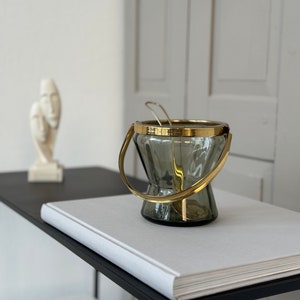 EK 021 / 60s / Vintage Ice Cube Tray & Spoon / Ice Cube Tray / Smoked Glass Brass / Ice Bucket / Barware /Bar Cart Decoration