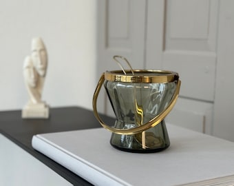EK 021 / 60s / Vintage ice cube container & spoon / Ice cube container / Smoked glass brass / Ice Bucket / Barware / Bar cart decoration