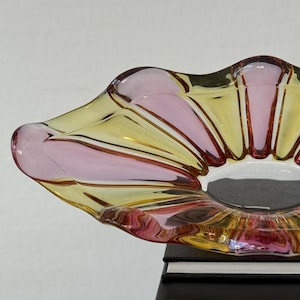 Beautifully shaped, unusual glass bowl/ pink & yellow / Mid Century / handmade bowl / flower shape / heavy glass / Bohemia / art glass