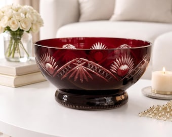 Ruby red crystal bowl, Bohemian cut to clear lead crystal, hand-cut Czech glass bowl, interior designer centerpiece – 20 cm / 7.9” 1970s