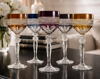 Luxury vintage set of 5 hand-cut Roman wine glasses, crystal glass, very rare, elegant, a real statement piece, collector's item, interior design