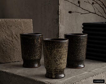 Brutalist vintage Handmade Ceramic Cups Set of 7 Large Studio Pottery Mugs Wabi Sabi Ceramics Brutalist Pottery, Rustic Modern Kitchen Decor