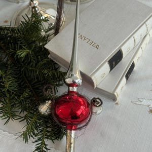 27 cm nostalgia Christmas tree topper double ball with bells glass silver tinsel tree topper Christmas tree topper with bells leonine wire Lauscha