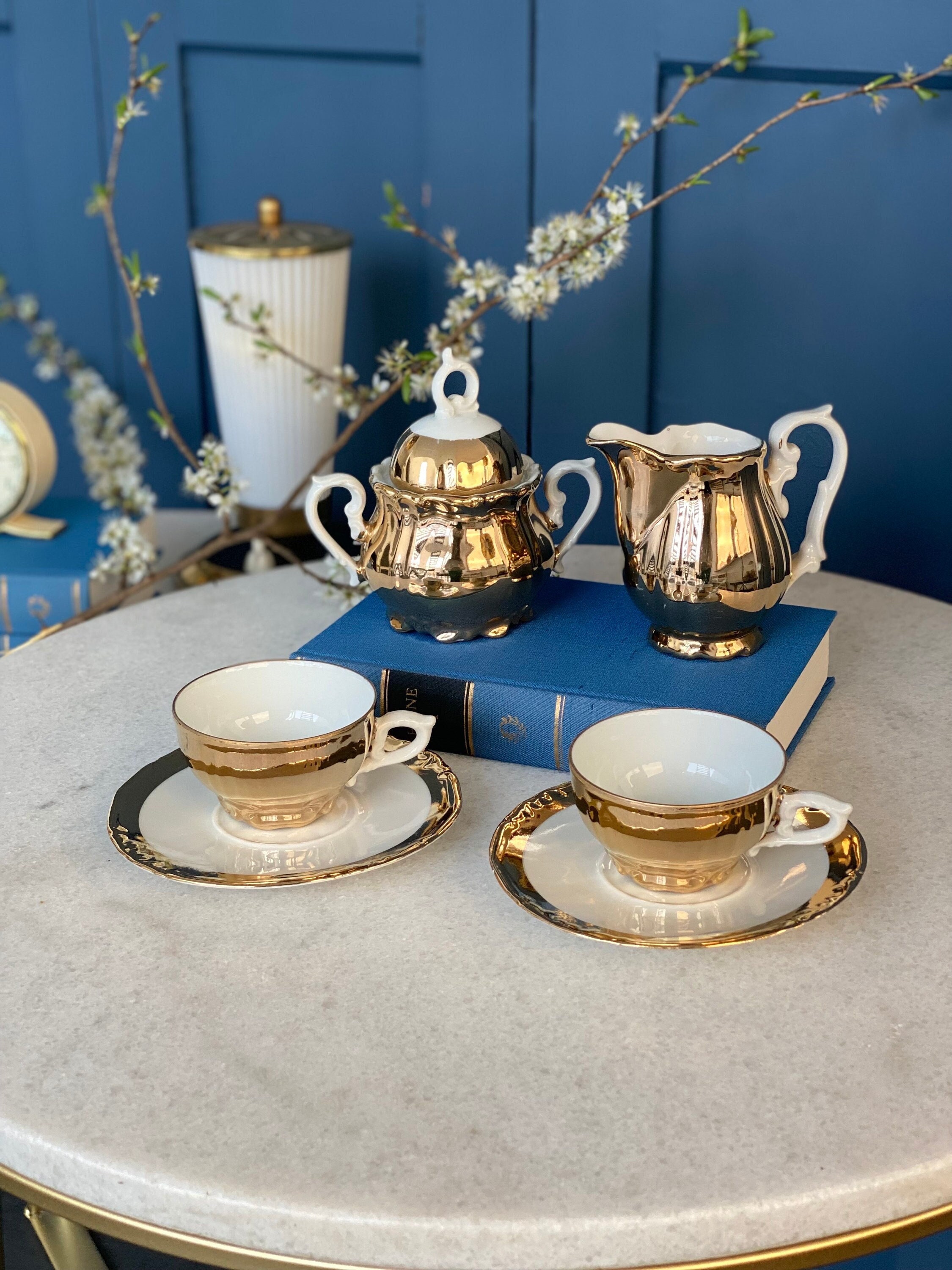 6-teiliges Mokka Set / vergoldet / sehr guter Zustand / 60s Gold Mokka Service / Mocca Porcelain Service Gold 6 PCS Gold, for 2 persons /
