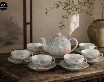 Vintage Tilia Chinese Tea Set Lithophane Geisha Face Pastel Floral Porcelain Tea Service Asian China Teapot & Cups Rare Chinoiserie Decor