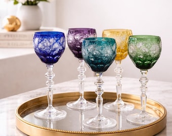 5 PCS Set Multicolor Crystal Goblets, Hand-Etched Floral Wine Glass Set, Collector Barware, Maximalist Luxury Decor Statement Interior Decor