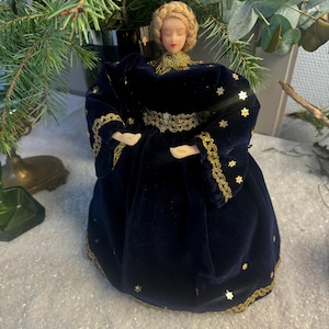 30 x 25 cm / Christmas angel wax head & hands / rustic angel / jute and velvet / Christmas tree topper / midnight blue velvet / pure nostalgia