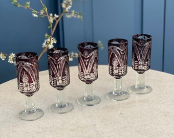 5 piece set / ruby red shot glasses / Stampel / shot glasses / great crafted and hand-cut ruby crystal glasses / 70s