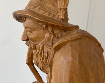 38 Cm / Hand-carved Wooden Figure Mountaineer / Old Man