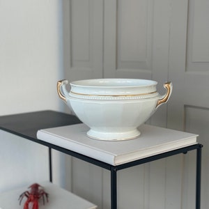 White vintage soup tureen, porcelain, gold rim, bowl without lid, modern farmhouse, country house decoration, Hutschenreuther Selb, 70s