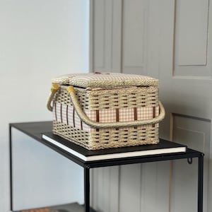 Vintage woven sewing box / storage box for sewing utensils / rattan fabric sewing box / filled with various yarns and threads