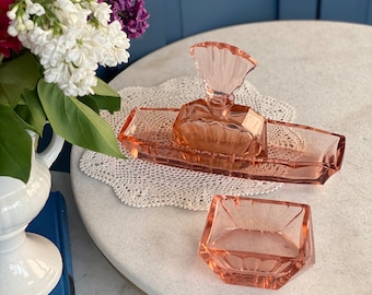 open lace back dress Pink Glass Vanity Set | Dressing Table | Retro Vintage Unique