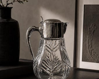 Antique Cut Crystal Pitcher Silver Plate Large 2L Crystal Carafe Art Deco Serving Jug Vintage Barware Statement Table Decor Crystal Carafe