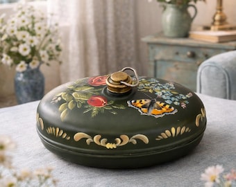 Vintage hand-painted hot water bottle / Antique oval bed warmer with stopper / Collector's hand-decorated hot water bottle / Painted bottle, folk art
