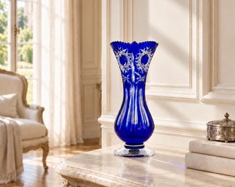 Schöler Fichtelberg Cobalt Blue Lead Crystal Vase Hand-Cut Vintage German Cut Crystal 21.5 cm 800 grams Deep Cut Glass
