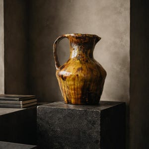 Può includere: Brocca artigianale in ceramica smaltata con manico. La brocca ha un corpo bulboso e un beccuccio, con una ricca tavolozza di colori terrosi, marroni e gialli. È posizionata su un piedistallo scuro e strutturato.