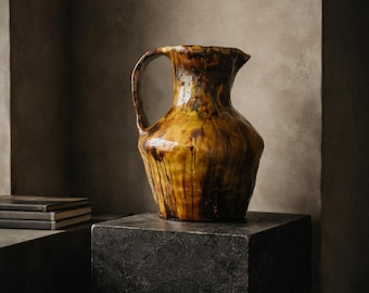 Large brutalist ceramic vase, 1960s, heavy, handmade, unique piece, elaborate flowing glaze, sculptural solitaire object, brutalist ceramic