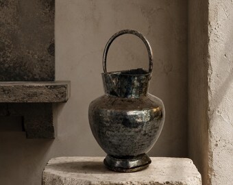 Antique hand-hammered metal vessel, exceptional unique piece, brutalist, Wabi-Sabi, Modern Alpine, curated luxury interiors, patina