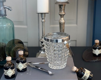 Vintage Crystal Ice Bucket with Tongs, Ice Cube Container, Stainless Steel Rim, Glass Ice Cube Container, 60s Bar Accessories, BarCart Accessories