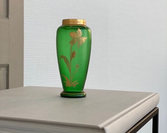 13 cm / Vase en verre antique vert avec décoration dorée / Art Nouveau / Vase Art Nouveau antique / décoré à la main et peint à la main / vase vintage vert or / années 1910