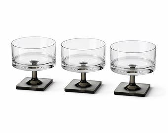 Rosenthal Berlin Linear Smoke Champagne Coupe Glasses Set of 3 – Georg Butler Jensen 24% Lead Crystal Coupes – Smoky Square Base MCM Vintage