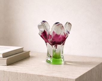 Vintage studio glass vase, Hospodka Chřibská, 1960s/1970s, Mid-Century Sommerso art glass, pink/green design vase, Bohemian glass, Murano style