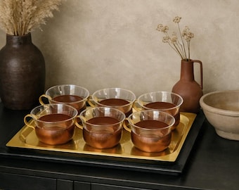Mid Century Modern Tea Glasses Set of 6 60s Glass Copper Brass Retro Tea Glasses Mid Century kitchen retro tea glass set 60s modern glass
