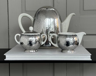 3 PCS Service Coffee Set / Vintage WMF Hutschenreuther coffee pot, sugar bowl, milk jug / Porcelain Made in Germany / silver plated