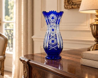 Vintage vase, cobalt blue lead crystal, hand-cut overlay glass, heavy crystal vase, 20 cm, 950 grams