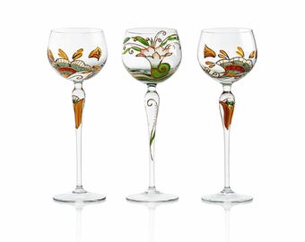 Nagel Wine Glasses Dream Worlds Set of 3 Hand-Painted Vintage Glass Gold Floral Design Artful Rare Collector's Item Gift Collector's Glass Floral