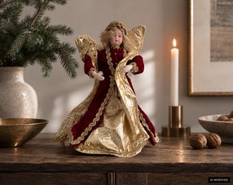 Vintage German Christmas Angel Porcelain Rauschgoldengel Red Velvet Gold Wings Handmade Old World Christmas Decor 24 cm Tree Topper Vintage