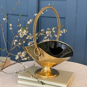 Rarity Brass basket cord handle / glass bowl deep dark green / 60s gorgeous vintage decoration / Hollywood Regency Style image 2