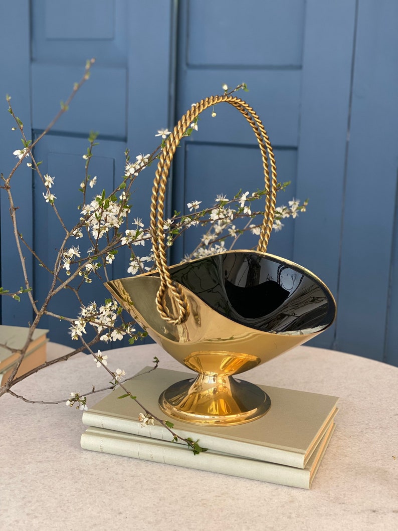 Rarity Brass basket cord handle / glass bowl deep dark green / 60s gorgeous vintage decoration / Hollywood Regency Style image 2
