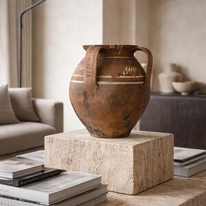 Könnte beinhalten: Eine große, braune Vase im antiken Stil mit zwei Griffen, verziert mit weißen und braunen Mustern. Die Vase steht auf einem quadratischen, hellfarbigen Steinblock, mit Büchern auf einem passenden Steintisch. Eine Stehlampe und ein Sofa sind im Hintergrund.