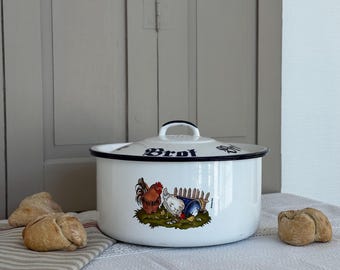 Vintage 1990s Retro Enamel Bread Bin Round / Bread Box / White Blue / Münder Enamel Bread Pot / Enamel Ware Made in Germany / Country House