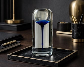 1.3 kg of pure design in glass, 16 cm high paperweight with a deep blue core, minimalist, modern, sophisticated, collector's item, unique, handmade
