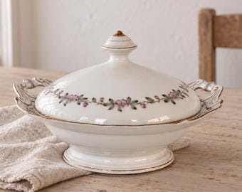 Vintage soup tureen with lid, cottage farmhouse porcelain, French country Art Deco style, floral decor and gold rim