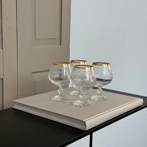 GL-112 / 4 PCS Set / COGNAC Gläser / Cognac Brille / Crystal Brandy Balloon Snifters / geätztes Dekor / Goldrand / Vintage Bar I Bar Cart /