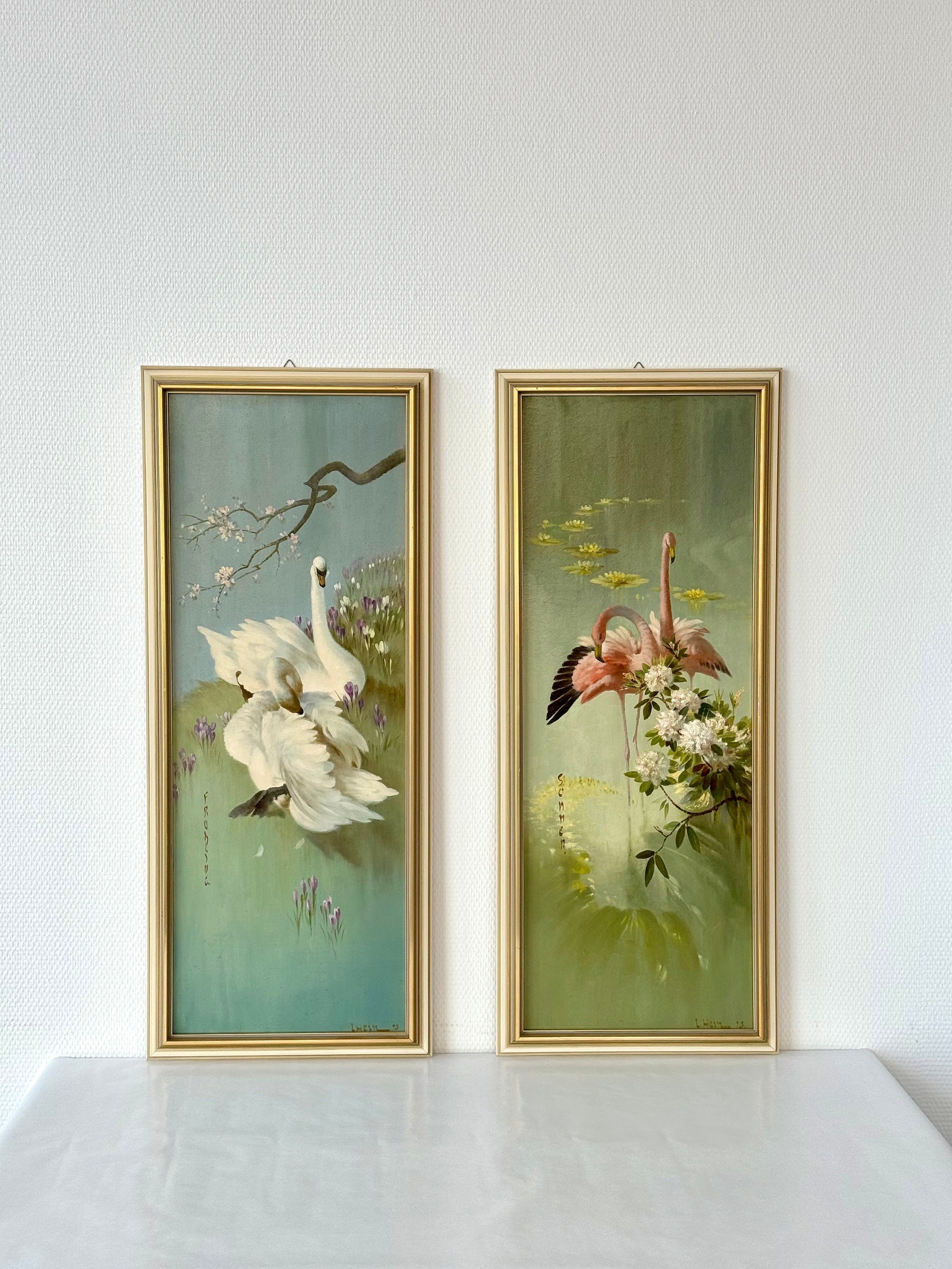Vintage original oil painting flamingo - Etsy 日本