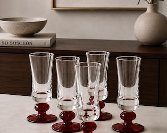 5-Piece Set Vintage Liqueur Glasses, Ruby Red Base, Mid-Century Barware, 70s Cordial Glasses, Retro Glass, Vintage Liqueur Glasses Set, Red, Vintage Barware