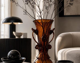 Vintage Amber Glass Vase 33 cm Dark Academia Statement Vase Old World European Decor Sculptural Brown Glass Moody Interiors Eclectic