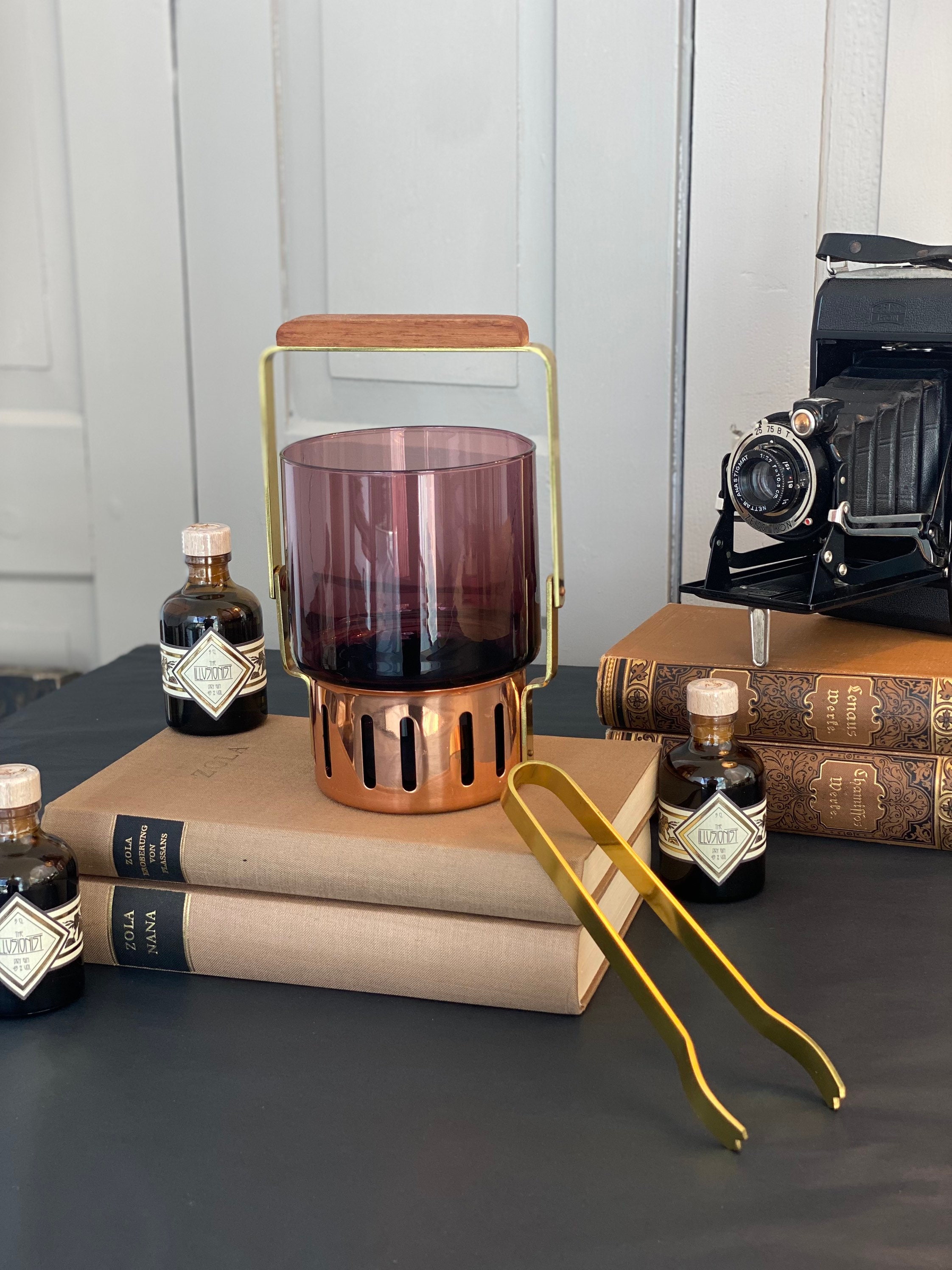 EK 022 - 466 kg grams, amethyst colored, copper brass & wood, ice bucket, ice cube tray, 60s bar accessories, bar cart accessories