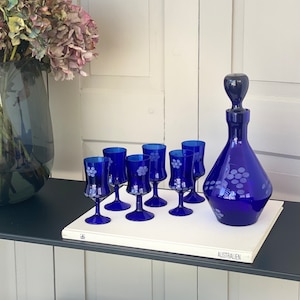 7 PCS Set / Cobalt Blue Glass / Hand Cut / 6 Shot Glasses & Carafe / Subtle Cut / Rarity / Pure Elegance / Hamptons Gift