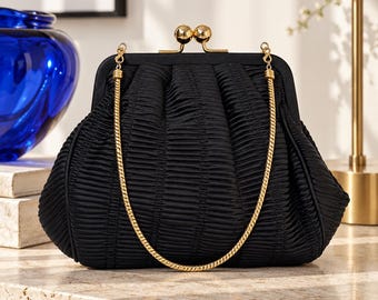Vintage black evening bag 17 × 19 cm Ruched Evening Bag Gold Kiss Lock Purse Mid Century Cocktail Handbag