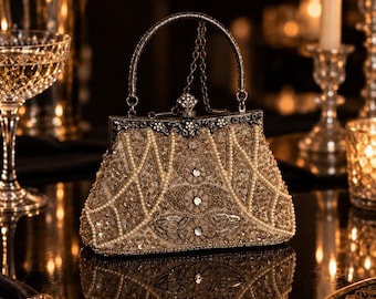 Vintage Pearl Evening Bag 22cm Hand Beaded Evening Bag Pearl Sequin Clutch Old Hollywood Bridal Cocktail Purse luxury vintage party clutch