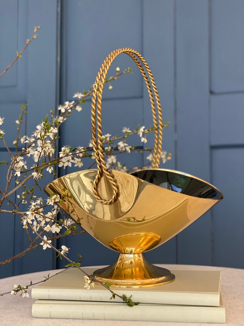 Rarity Brass basket cord handle / glass bowl deep dark green / 60s gorgeous vintage decoration / Hollywood Regency Style image 5