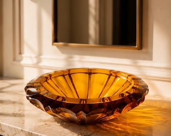 Amber Glass Bowl Heavy 3.75 kg Mid Century Centerpiece Sculptural Cognac Glass 1970s Brutalist An absolute rarity, exceptionally beautiful