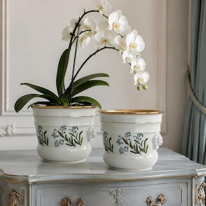 Può includere: Due vasi in ceramica bianca con bordo dorato e un motivo floreale blu dipinto a mano con steli verdi. Ogni vaso presenta un piccolo dettaglio scolpito a forma di testa di leone sul lato. Uno dei vasi contiene una pianta di orchidea bianca.